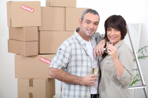 Boxes, desks, and stock arranged for a company relocation