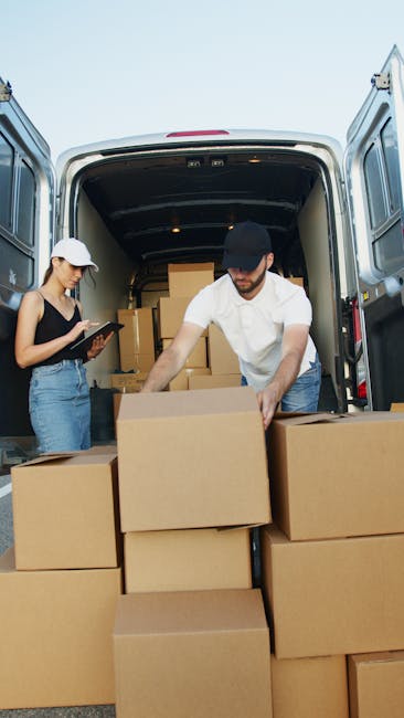 Two movers from Man with Van Crayford are engaged in a home relocation process, loading large cardboard boxes into a spacious van with an open rear door on a clear day. The man, wearing a white shirt,
